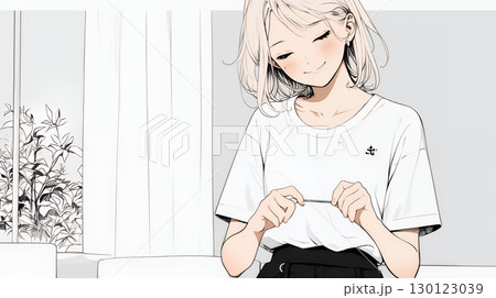 ウェストライン（腰回り）をチェックしている女性（シンプルな色使い）