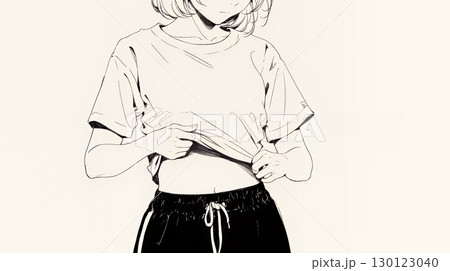 ウェストライン（腰回り）をチェックしている女性（シンプルな色使い）