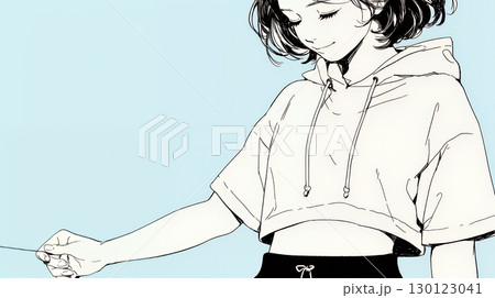 ウェストライン（腰回り）をチェックしている女性（シンプルな色使い）