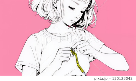 ウェストライン（腰回り）をチェックしている女性（シンプルな色使い）
