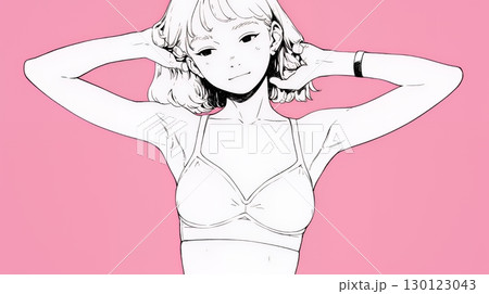 ウェストライン（腰回り）をチェックしている女性（シンプルな色使い）