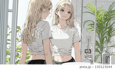 ウェストライン（腰回り）をチェックしている女性