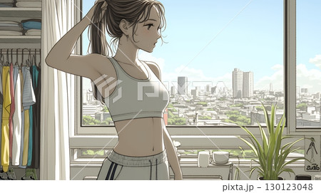 ウェストライン（腰回り）をチェックしている女性