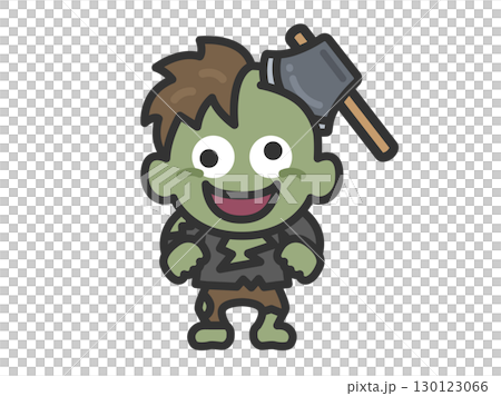 斧が刺さった、ゾンビのキャラクターのアイコン（線画カラー）のイラスト 130123066