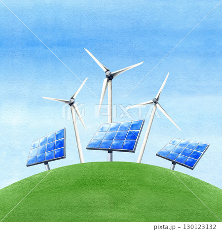 Solar panel, wind turbine on green hill. PV battery, windmil, field, blue sky renewable energetic source. Alternative generator. Environmental conservation illustration for articles, website, flayer 130123132