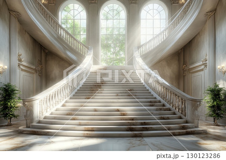 A large, white staircase with a balcony on the top 130123286