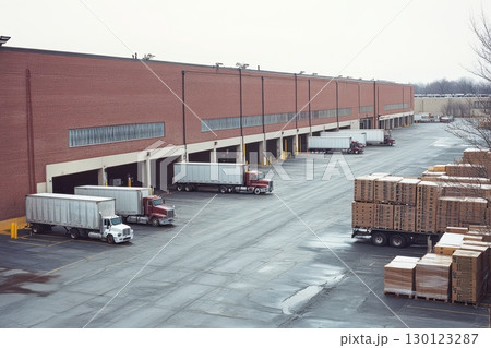 A large brick building with a lot of trucks parked in front of it A large brick building with a lot of trucks parked in front of it 130123287