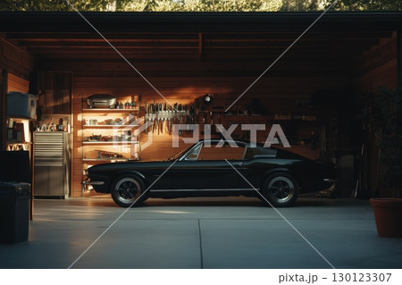 A black car is parked in a garage with a potted plant and a few tools 130123307