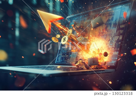 A laptop screen shows a computer game with a rocket and a pile of money A laptop screen shows a computer game with a rocket and a pile of money 130123318