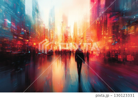 A blurry cityscape with a man walking in the foreground 130123331