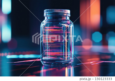 A jar is sitting on a table with a blue background 130123333