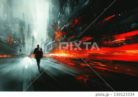 A man is walking down a street in a city 130123334