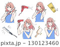 ドライヤーをかける、ヘアアイロンを使う、ヘアケアする女性のイラスト 130123460