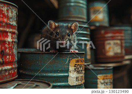 Curious Rat Perched on Stacked Cans in Storage Area 130123490