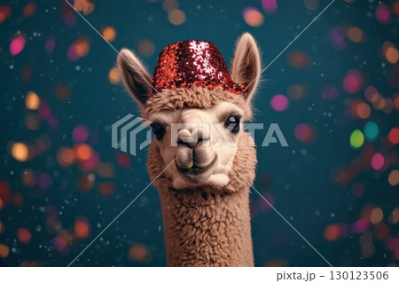 Happy Alpaca in Shimmering Hat Surrounded by Confetti 130123506