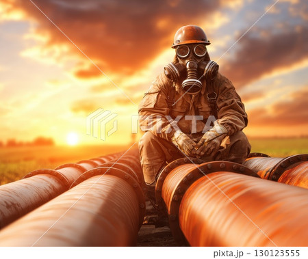 A man in a hazmat suit sits on top of a row of pipes 130123555