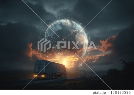 A truck is driving down a road with a glowing globe in the background 130123559