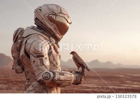 A man in a white spacesuit holding a bird 130123578