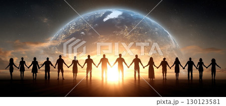 Diverse Group of People from Various Cultures Holding Hands at Sunset 130123581