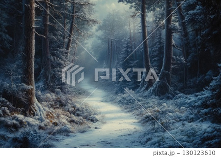 Icy Winter Forest Pathway with Towering Trees 130123610