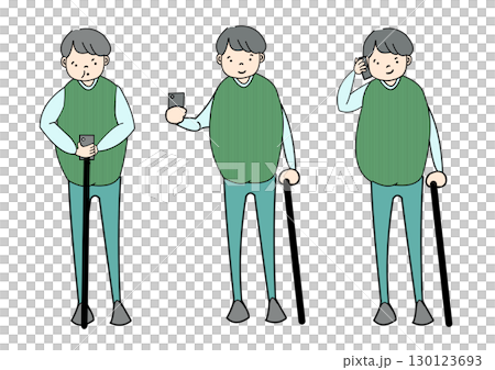 Color illustration of an old man holding a cane and a cell phone 130123693