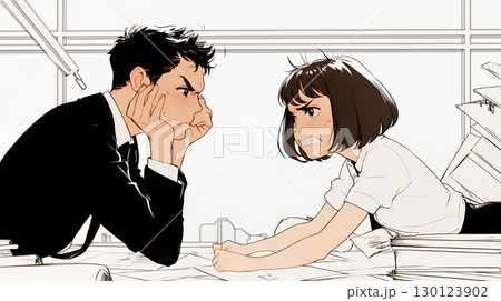 オフィスで言い争いをしているビジネスパーソン（シンプルな色使い）