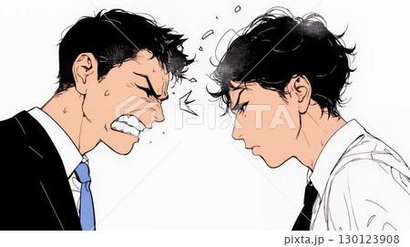 オフィスで言い争いをしているビジネスパーソン（シンプルな色使い）