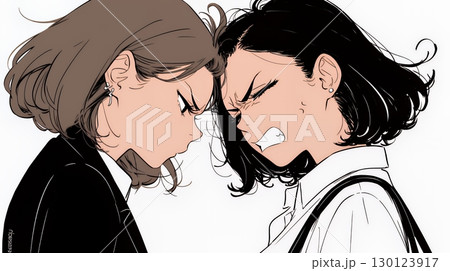 オフィスで言い争いをしているビジネスパーソン（シンプルな色使い）