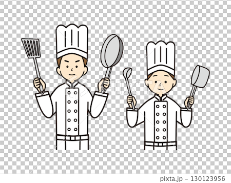 Male and female chefs facing forward with frying pans and pots in their hands 130123956