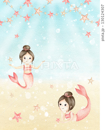 Watercolor template mermaid in underwater world, stars garland. Children's isolated illustration frame for girls. Undersea seascape with sun rays. Invitation, card to kids party, holiday postcard Watercolor template mermaid in underwater world, stars garland. Children's isolated illustration frame for girls. Undersea seascape with sun rays. Invitation, card to kids party, holiday postcard 130124307