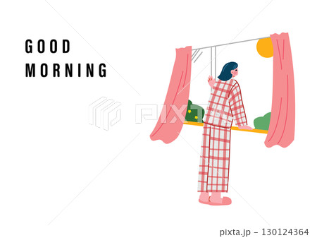 朝起きて窓を開ける女性 130124364