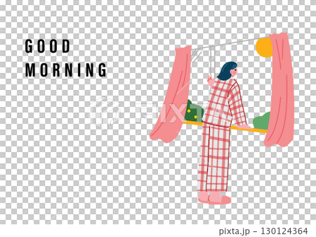 A woman wakes up in the morning and opens the window 130124364
