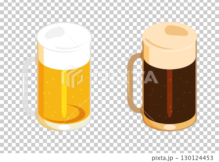 Illustration of beer and dark beer poured into a mug set (left) 130124453