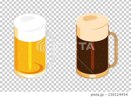 ジョッキに注いだビールと黒ビールのイラスト セット 右 ジョッキに注いだビールと黒ビールのイラスト セット 右 130124454