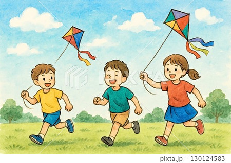 公園で凧あげをする子供たち 130124583