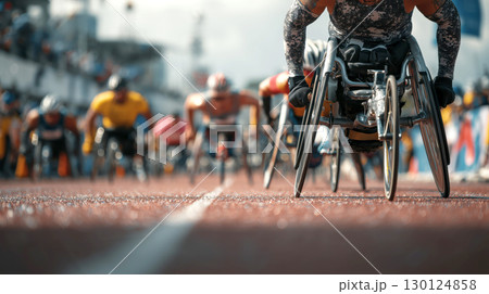 Wheelchair athletes racing on track, showing determination, strength, and inclusivity in adaptive sports competition 130124858
