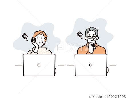 シンプル　イラスト　パソコンが上手く使えなくて困惑するシニアの男女　人物 130125008