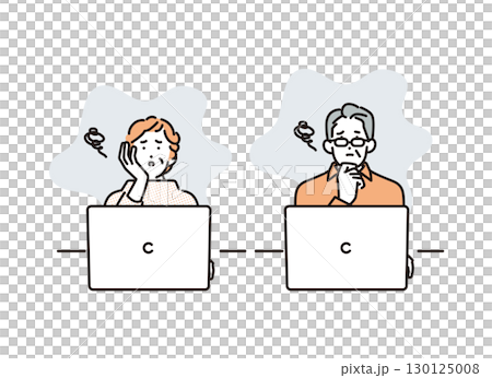 シンプル　イラスト　パソコンが上手く使えなくて困惑するシニアの男女　人物 130125008