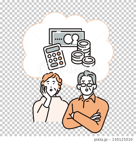 Simple illustration of senior men and women thinking about asset management 130125010