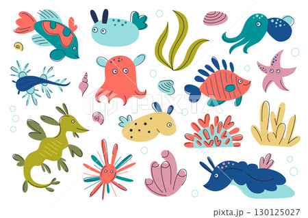 Cartoon flat vector illustration collection, exotic sea animals and fish. Seahorse, sea dragon, mandarin fish, sea bunnies, dumbo octopus, bobtail squid, corals. Marine life set for children education Cartoon flat vector illustration collection, exotic sea animals and fish. Seahorse, sea dragon, mandarin fish, sea bunnies, dumbo octopus, bobtail squid, corals. Marine life set for children education 130125027