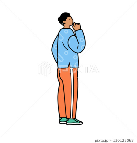 上を向いて考え事をしている男性。カジュアルな服装の人物。 上を向いて考え事をしている男性。カジュアルな服装の人物。 130125065