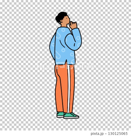 上を向いて考え事をしている男性。カジュアルな服装の人物。 上を向いて考え事をしている男性。カジュアルな服装の人物。 130125065