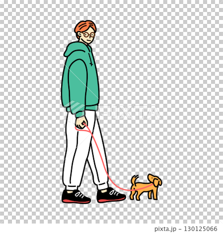Illustration of a man walking his dog. A person in casual clothes walking with his pet. 130125066