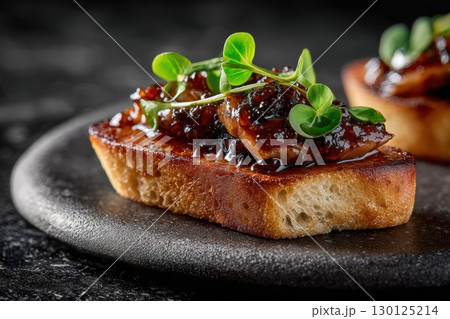 Close-Up of Foie Gras with Fig Chutney on Toasted Brioche 130125214