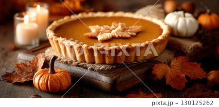 Freshly Baked Pumpkin Pie with Decorative Leaves and Jack-o'-Lantern Candle 130125262