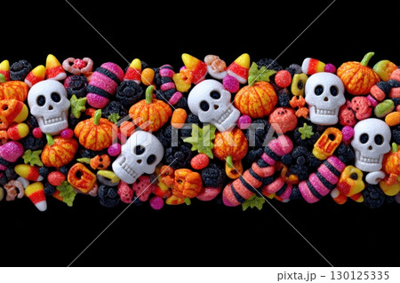 Colorful Halloween Candy Border with Skulls and Pumpkins in Wreath Style 130125335