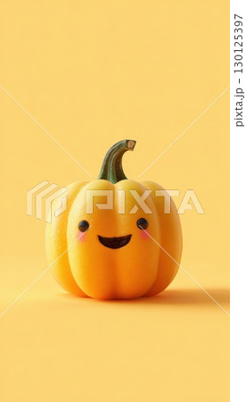 Cute Jack-o'-lantern with Happy Face on Pastel Yellow Background 130125397