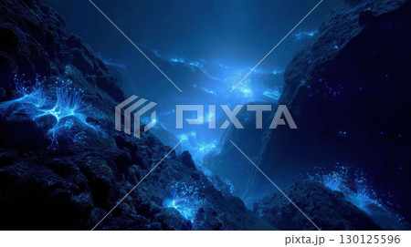 Bioluminescent creatures glow deep sea trench, creating mysterious and magical underwater scene 130125596