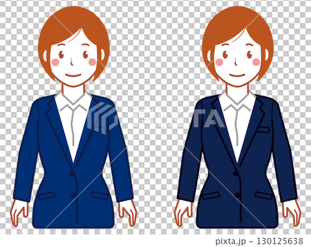 一位身穿海軍藍套裝、留著短髮、雙手垂下的年輕女子 130125638