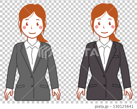 グレースーツ、ポニーテールの両手を下ろす若い女性 130125641